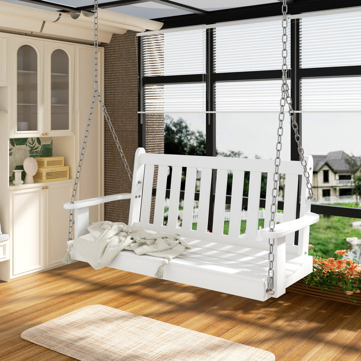 Walsunny Wooden Hanging Swing Chair Natural Wood 2-Seated Bench Swing with Hanging Chains and Cozy Armrests Patio Porch Swing
