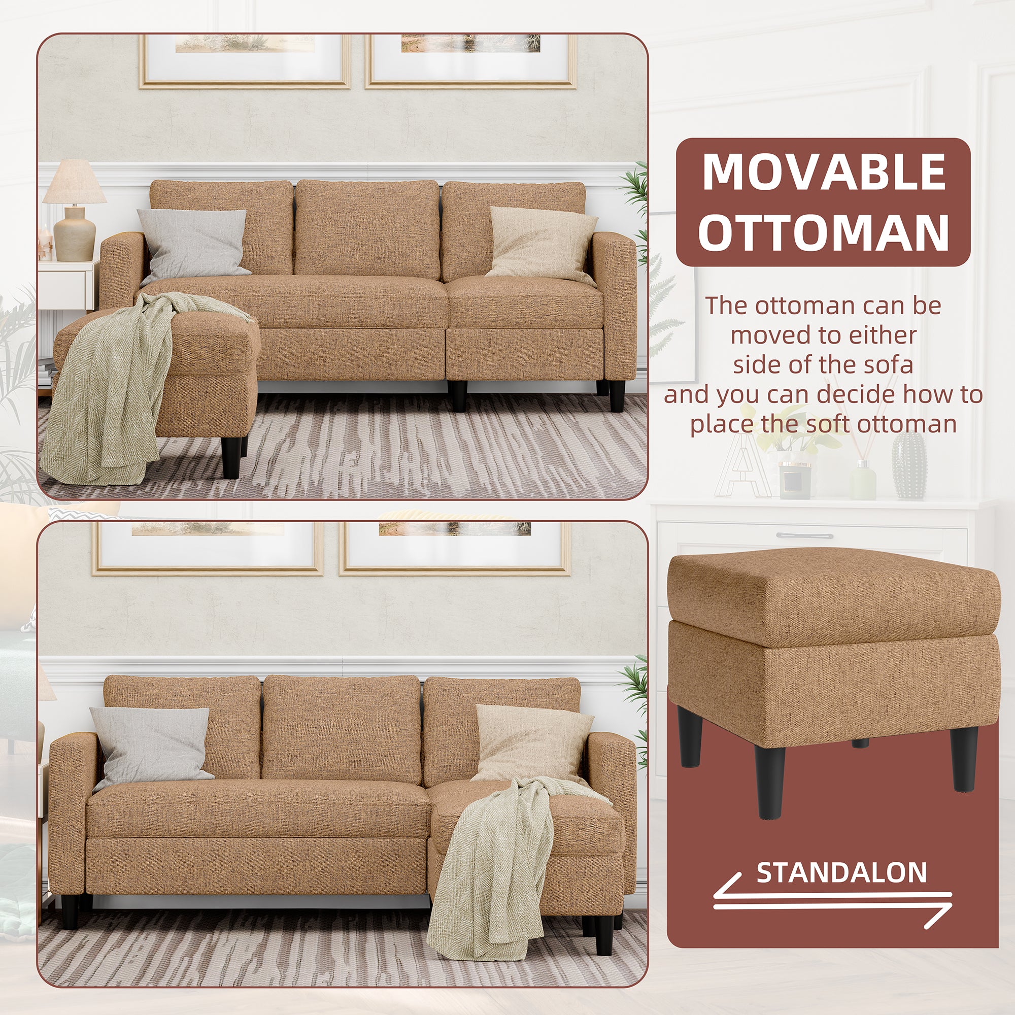 Walsunny 3-Seat L Shaped Small Sectional Couch Affordable