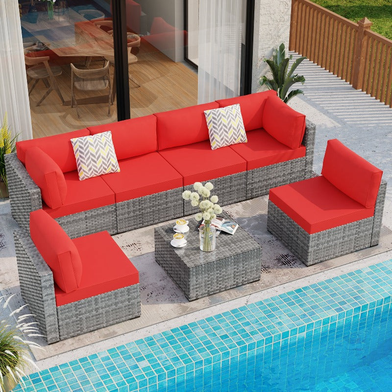 Walsunny Patio Furniture 7 Pieces Outdoor Sectional Sofa Set, Silver Wicker#color_red
