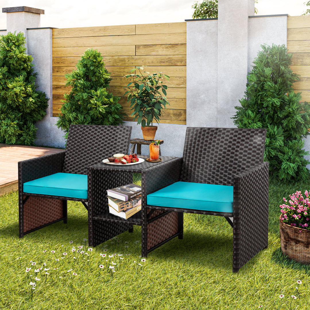 Walsunny Patio Rattan Conversation Set Seat Sofa Cushioned Loveseat Table Chairs Dark Blue