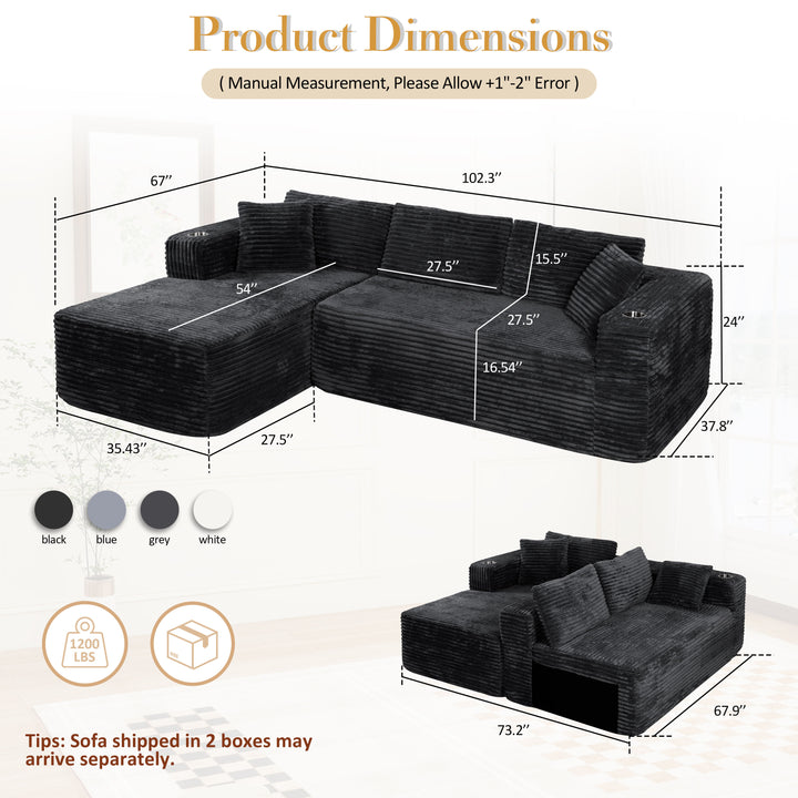 Walsunny  105" Modular Sectional Sofa, Boneless L Shaped Couch With Cup Holder