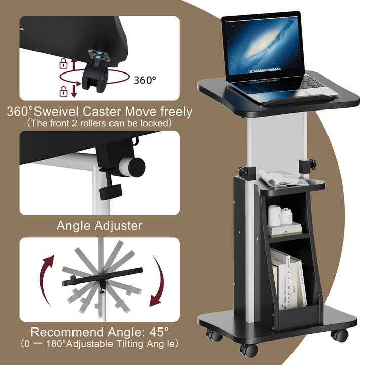 Walsunny Mobile Podium Standing Rolling Laptop Cart w/Tilt Desktop Adjustable Height Portable Computer Desk on Wheels