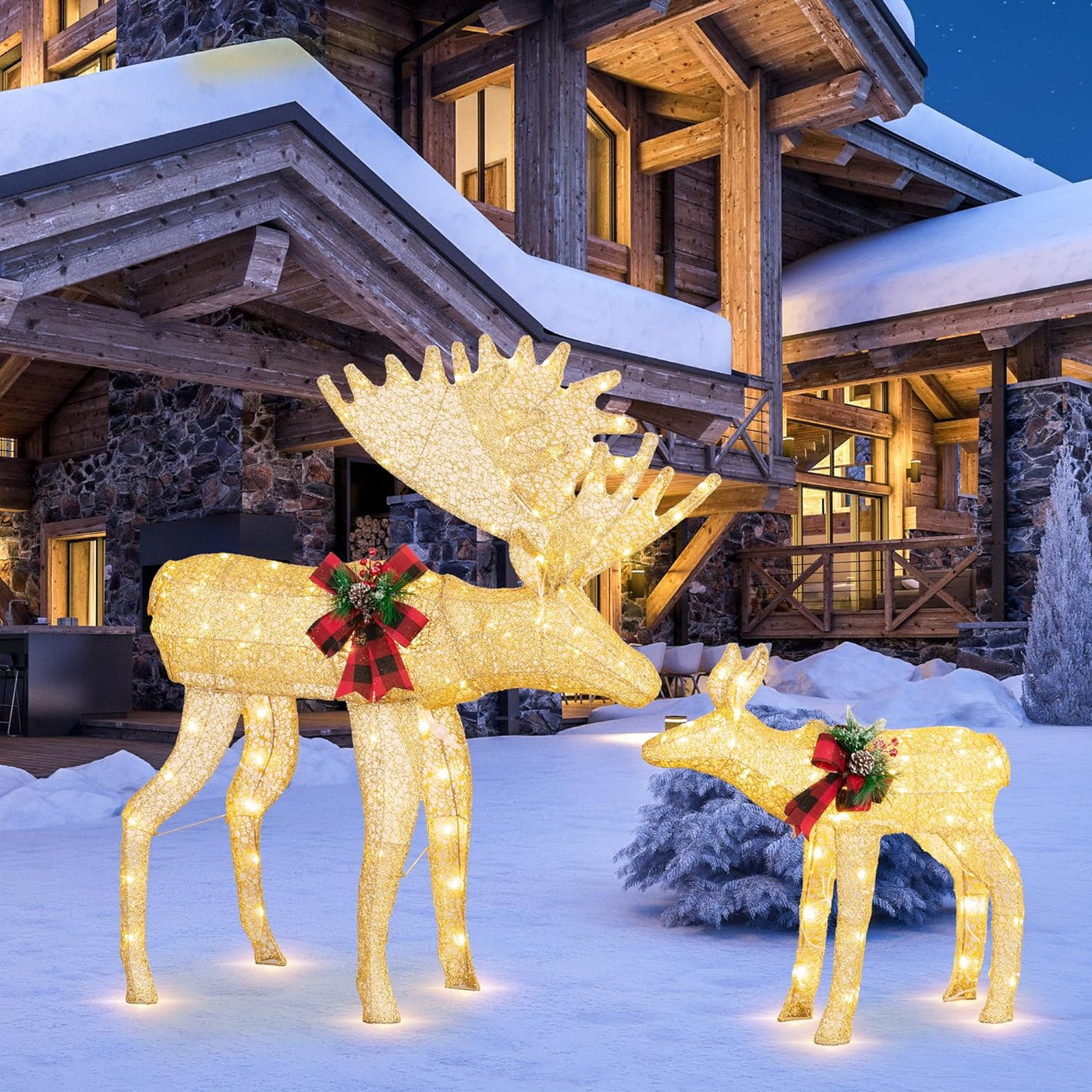 Walsunny  2-Piece Reindeer Christmas Decoration, 4FT Moose Family Outdoor Holiday Christmas Decor, Pre-Lit 170 LED Lights Deer