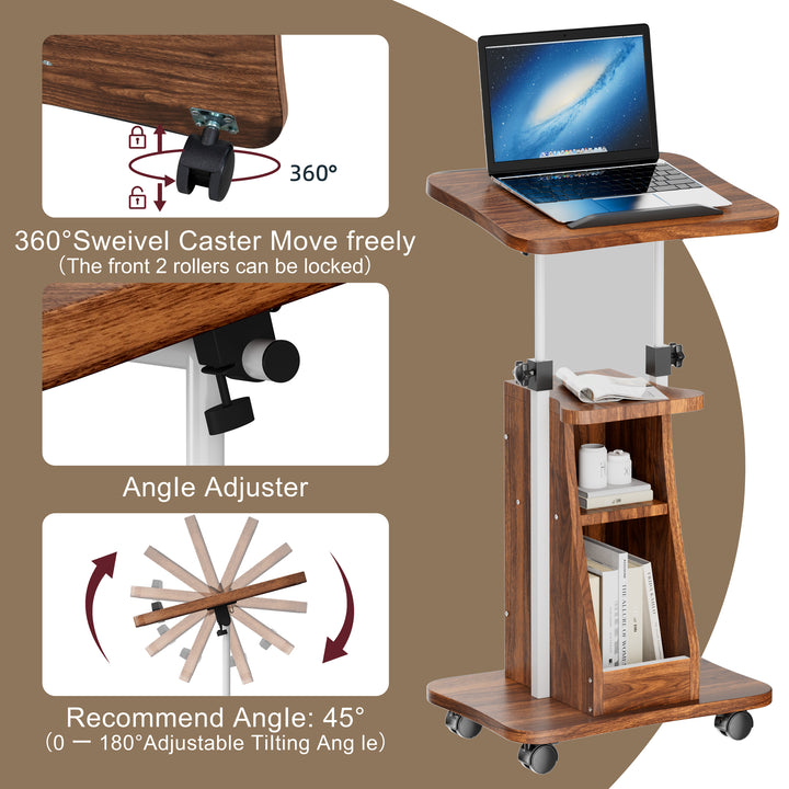 Walsunny Mobile Podium Standing Rolling Laptop Cart w/Tilt Desktop Adjustable Height Portable Computer Desk on Wheels