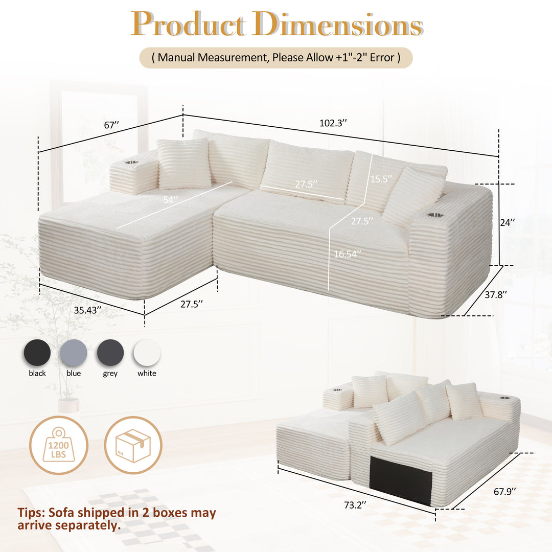 Walsunny  105" Modular Sectional Sofa, Boneless L Shaped Couch With Cup Holder