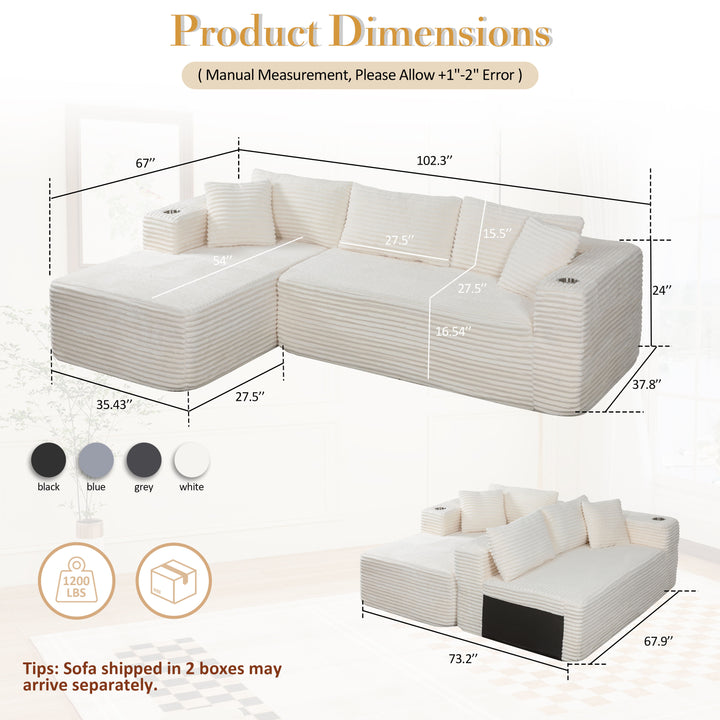 Walsunny  105" Modular Sectional Sofa, Boneless L Shaped Couch With Cup Holder