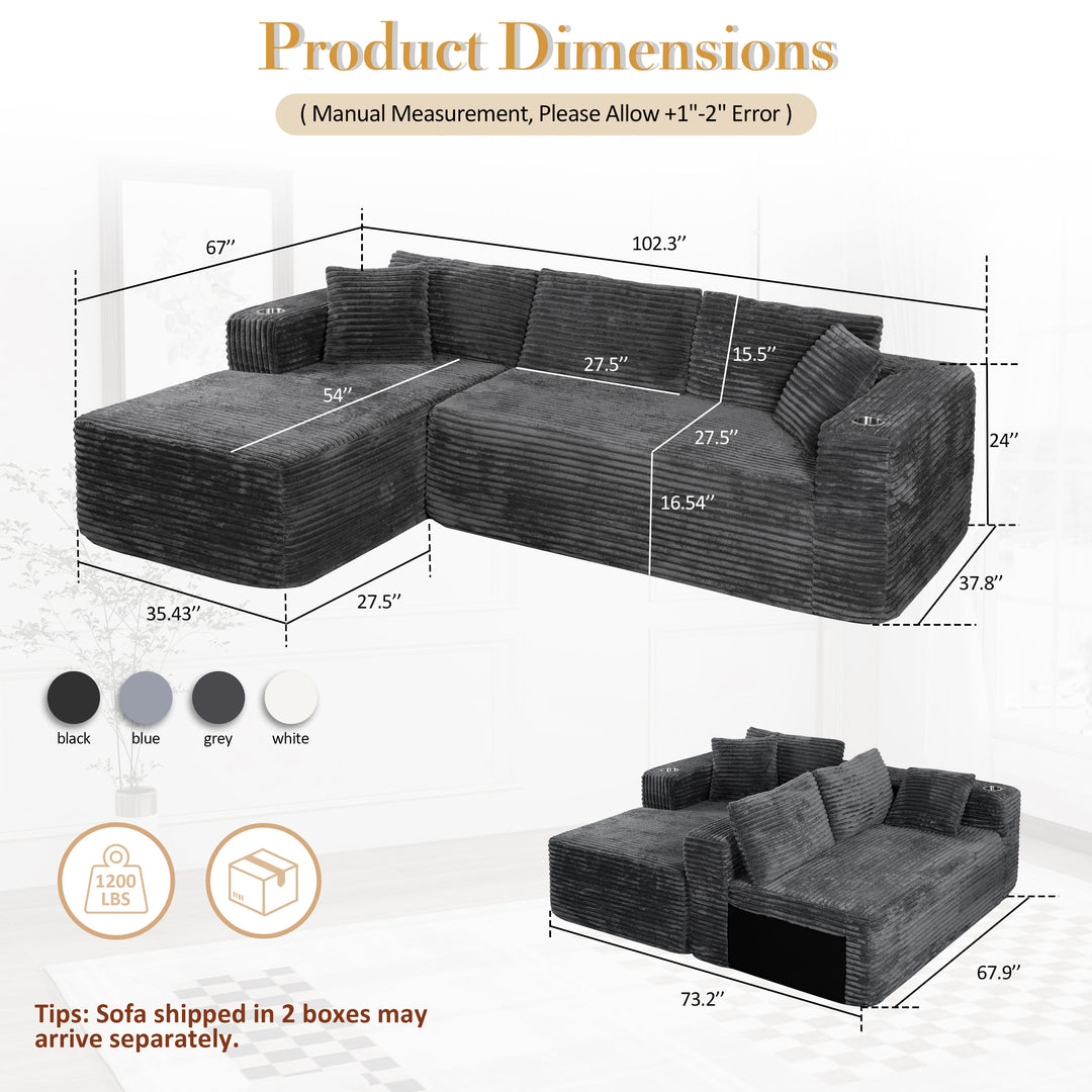 Walsunny  105" Modular Sectional Sofa, Boneless L Shaped Couch With Cup Holder