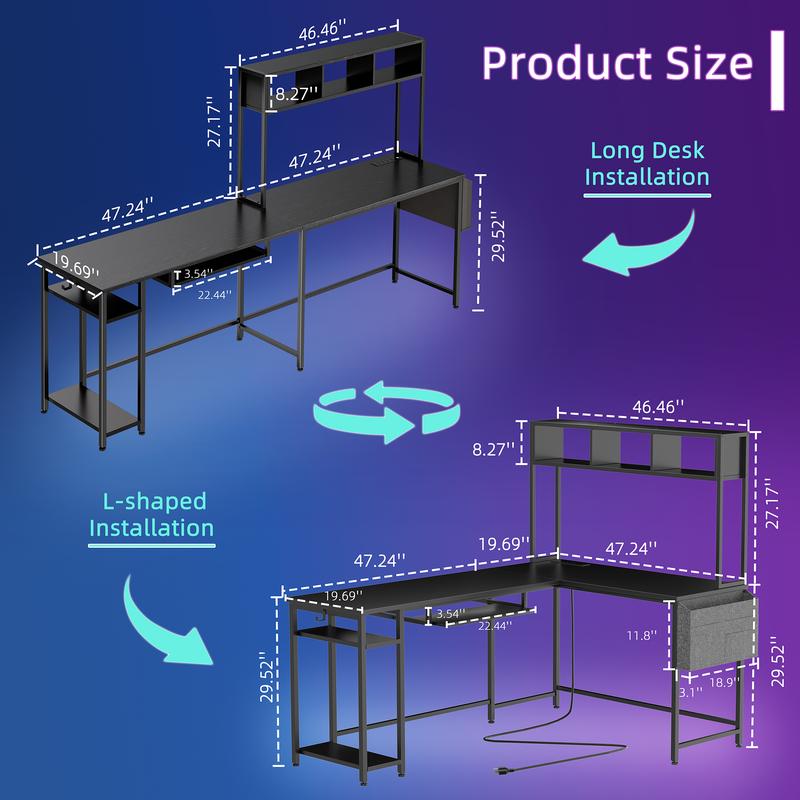 Walsunny Small L Shaped Gaming Desk with LED Lights & Power Outlets, Reversible L-Shaped Computer Desk with Monitor Stand & Storage Shelf