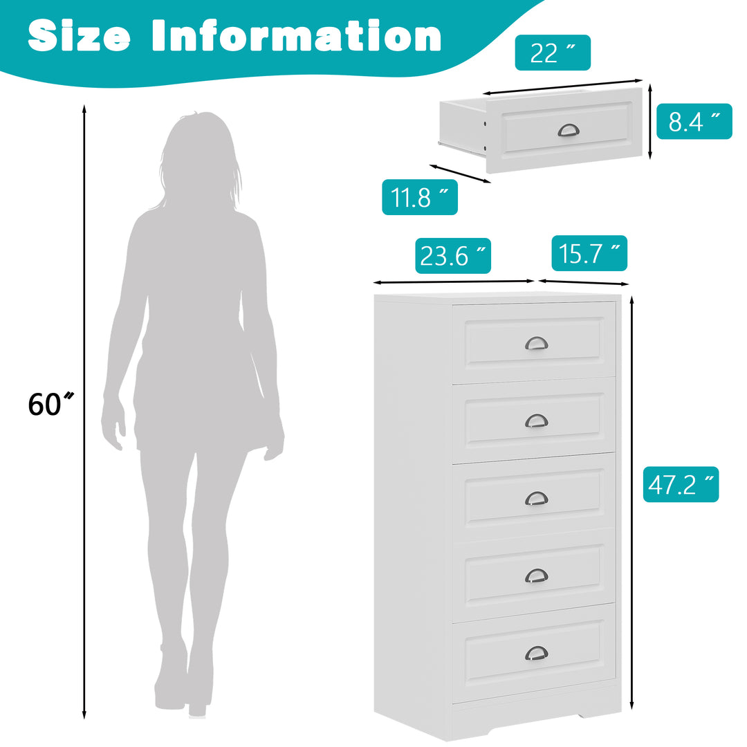 Walsunny 5 Drawer White Vertical Dresser Modern Storage Cabinet with Handle-Drawer Chest Wood Organizer for Living Room Walsunny 5 Drawer White Vertical Dresser Modern Storage Cabinet with Handle-Drawer Chest Wood Organizer for Living Room