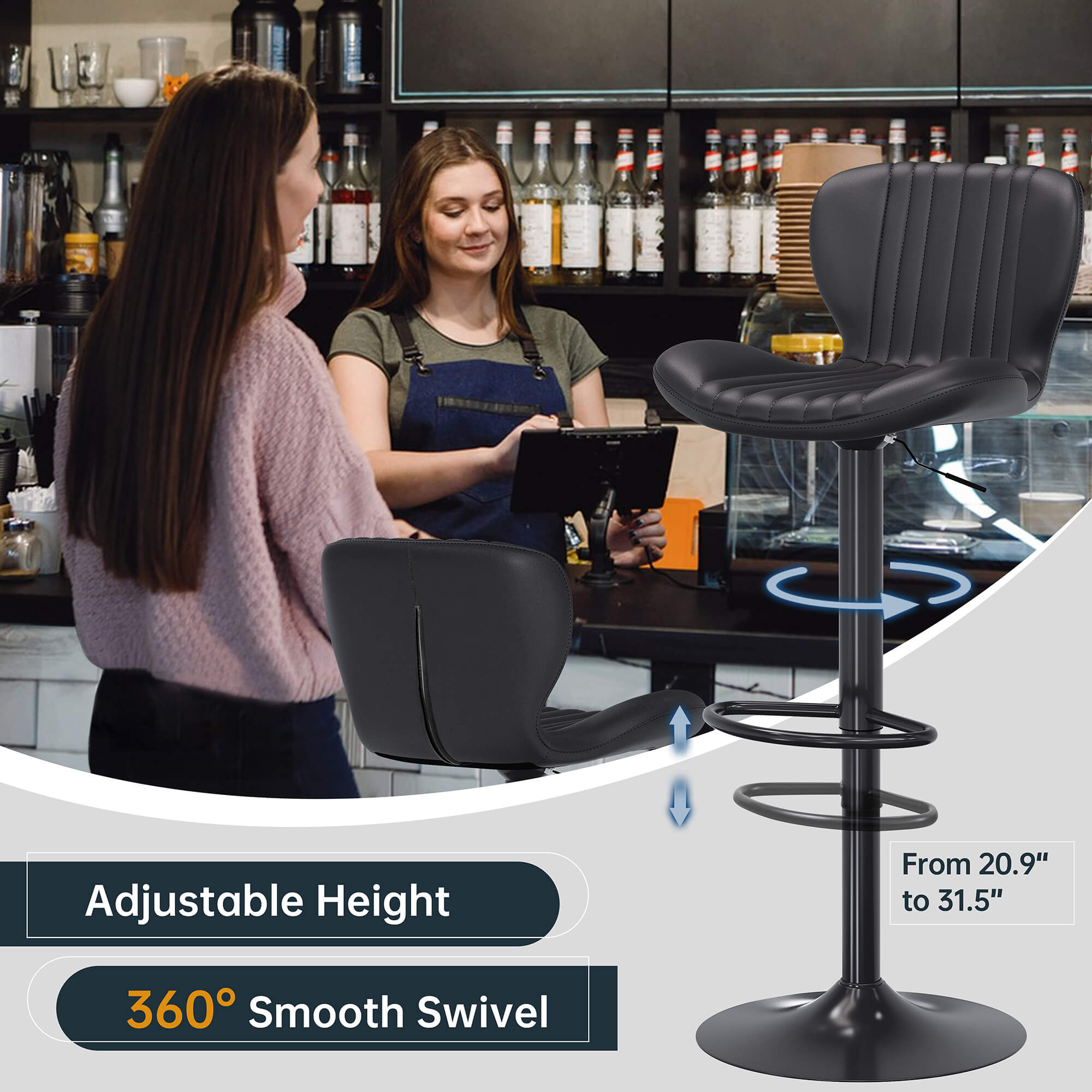 Walsunny Bar Stools Set of 2,Adjustable Leather Counter Height