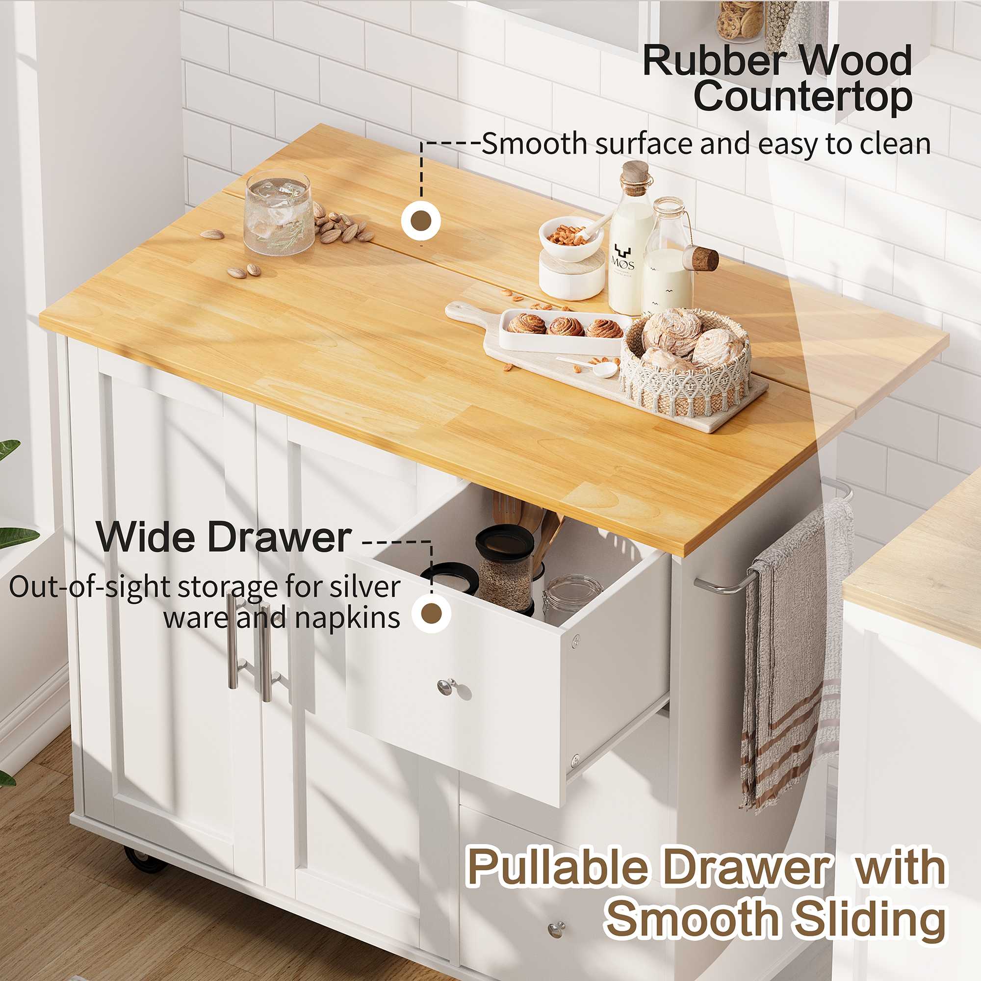 Walsunny Kitchen Island on Wheels with Storage Cabinet & Foldable
