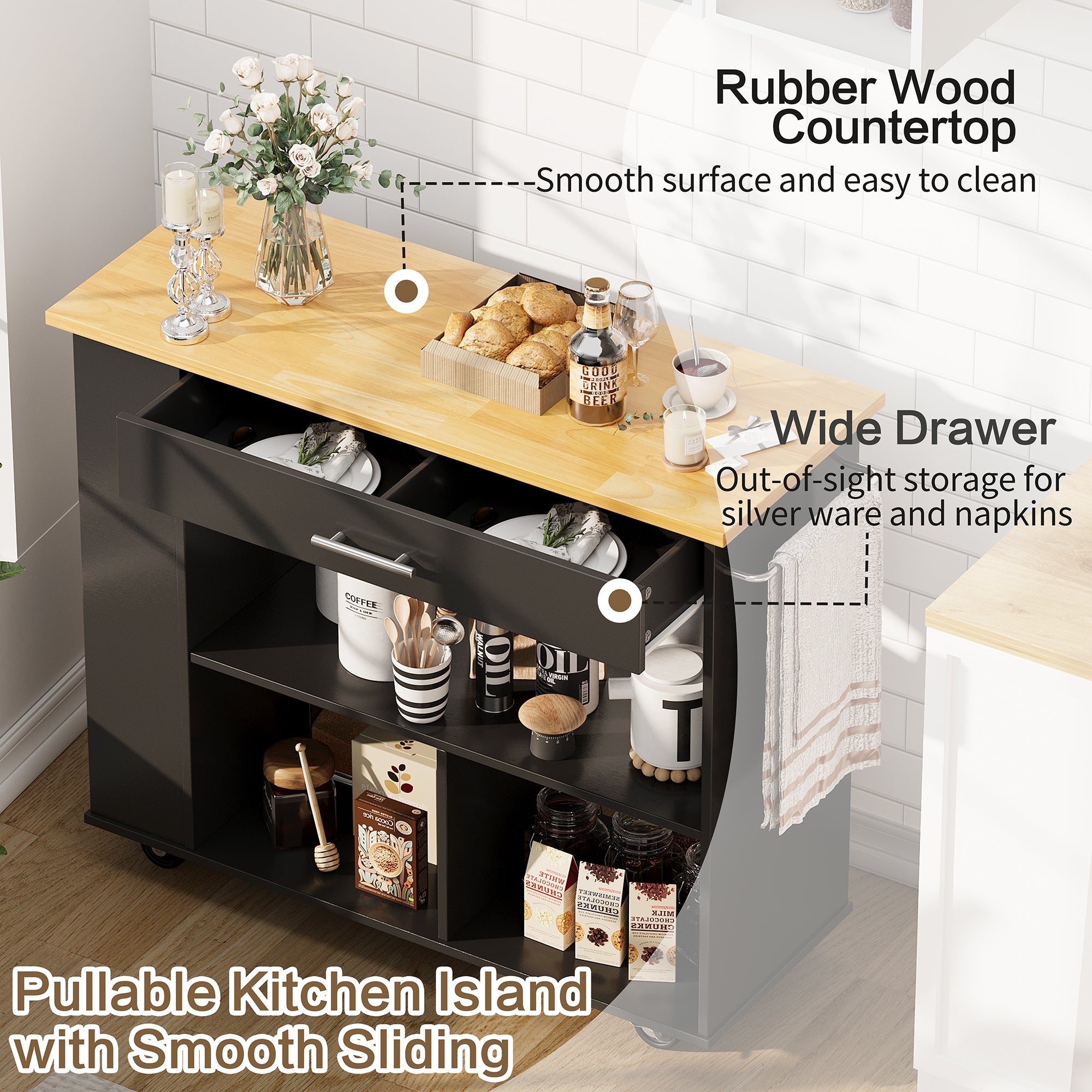 Walsunny Kitchen Island on Wheels with Storage Cabinet, Rolling