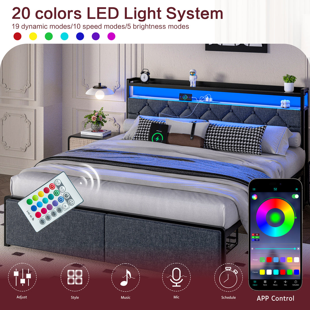 Walsunny Bed Frame with Led Light and 2 Drawers Metal Platform Bed with Button Tufted Headboard Strong Metal Slats
