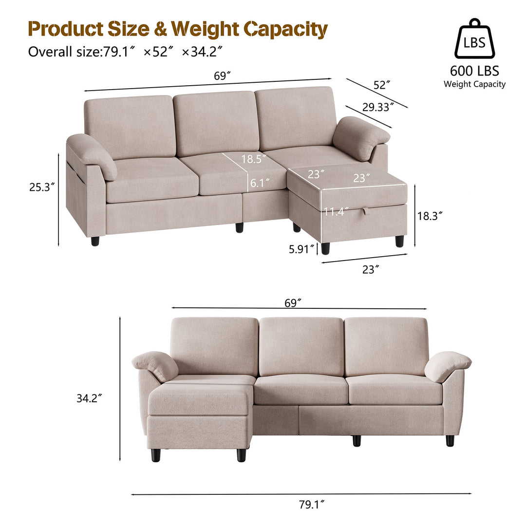 Walsunny 3 Seat L-Shaped Sectional Sofa With Movable Ottoman#color_khaki