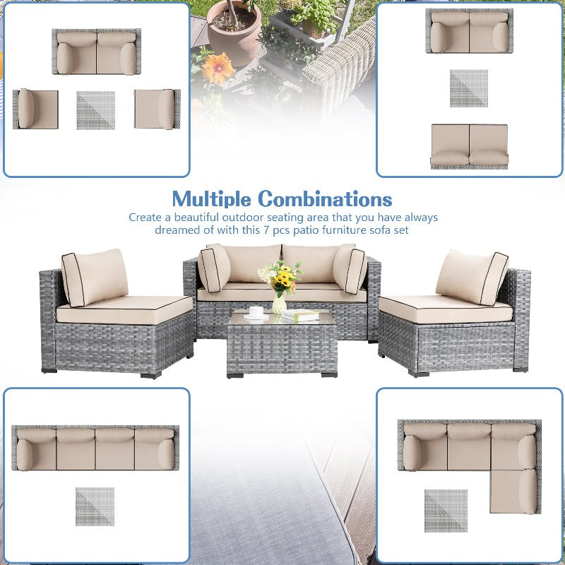 Walsunny Patio Furniture 5 Pieces Outdoor Sectional Sofa Set, Silver Wicker#color_khaki
