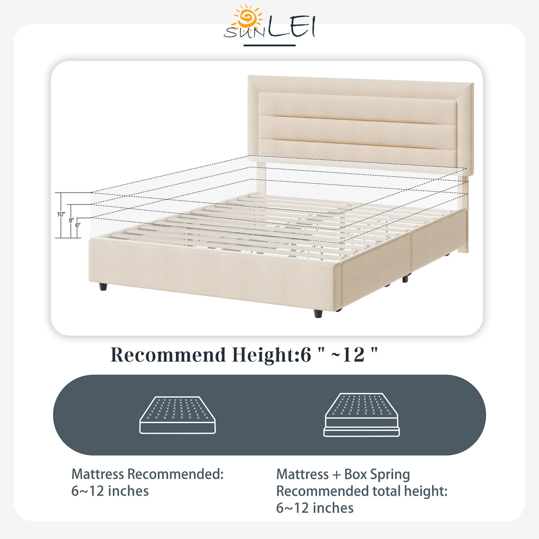 Walsunny Bed Frame with 4 Storage Drawee, Platform Bed with Upholstered Modern Geometric Lines Headboard, Solid Wood Slats Support