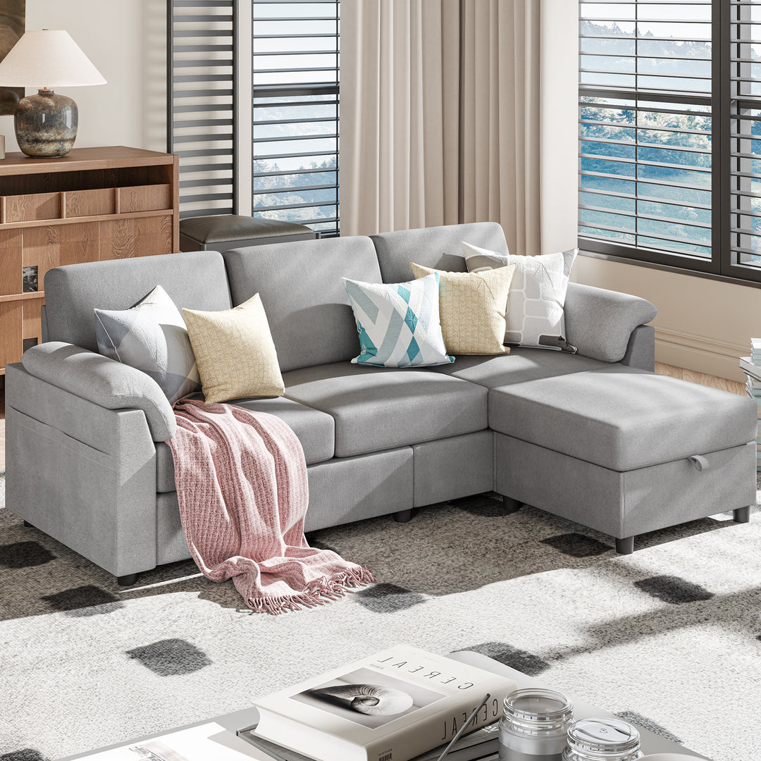 Walsunny 3 Seat L-Shaped Sectional Sofa With Movable Ottoman#color_light-grey