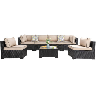 Walsunny Patio Furniture 7 Pieces Outdoor Sectional Sofa Set, Black Wicker#color_khaki