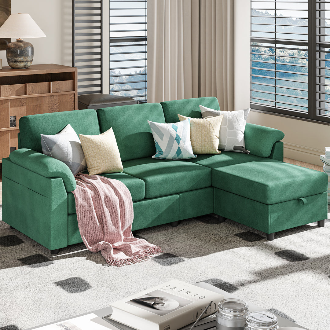 Walsunny 3 Seat L-Shaped Sectional Sofa With Movable Ottoman#color_green