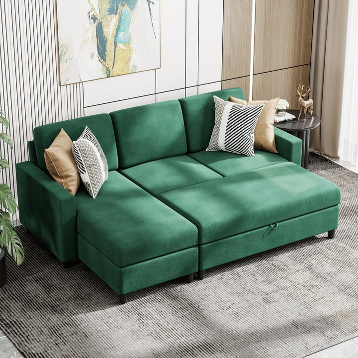 Walsunny Sectional Sofa With Long Storage Ottoman For Small Apartment#color_green