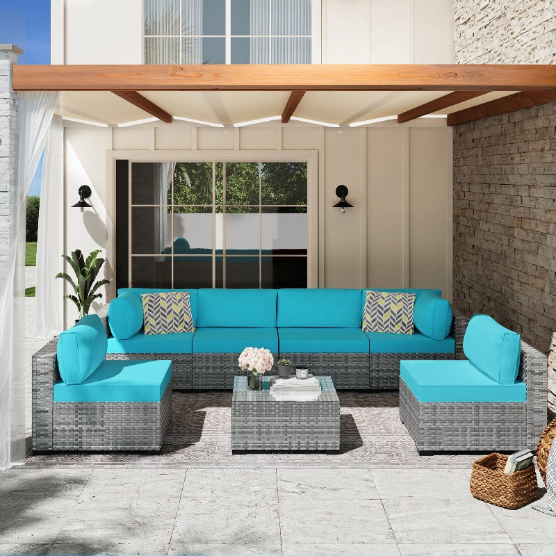 Walsunny Patio Furniture 7 Pieces Outdoor Sectional Sofa Set, Silver Wicker#color_blue