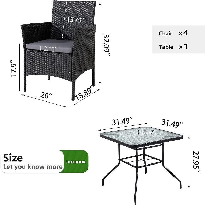 Walsunny 4 Pieces/5 Pieces Patio Dining Set, Square Glass Table