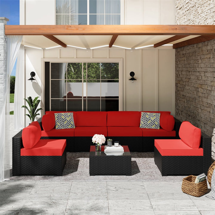 Walsunny Patio Furniture 7 Pieces Outdoor Sectional Sofa Set, Black Wicker#color_red