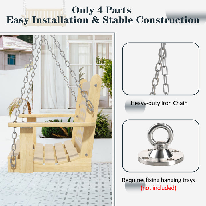 Walsunny Wooden Hanging Swing Chair Natural Wood 2-Seated Bench Swing with Hanging Chains and Cozy Armrests Patio Porch Swing