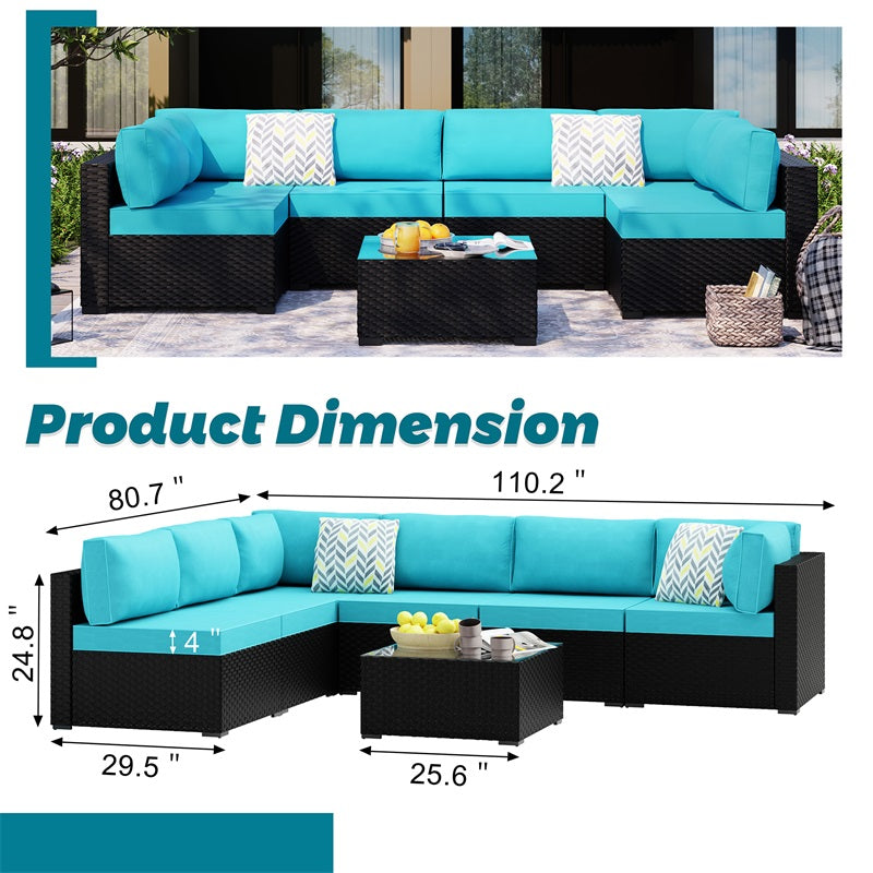Walsunny Patio Furniture 7 Pieces Outdoor Sectional Sofa Set, Black Wicker#color_blue
