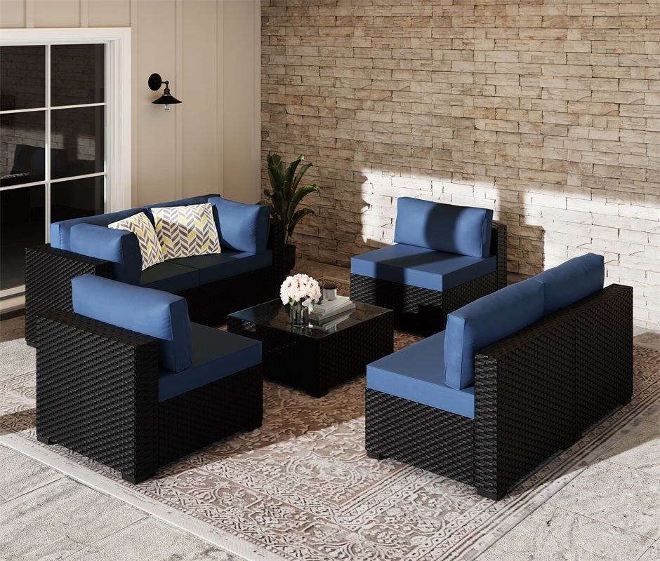 Walsunny Patio Furniture 7 Pieces Outdoor Sectional Sofa Set, Black Wicker#color_aegean-blue