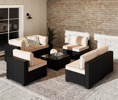 Walsunny Patio Furniture 7 Pieces Outdoor Sectional Sofa Set, Black Wicker#color_khaki