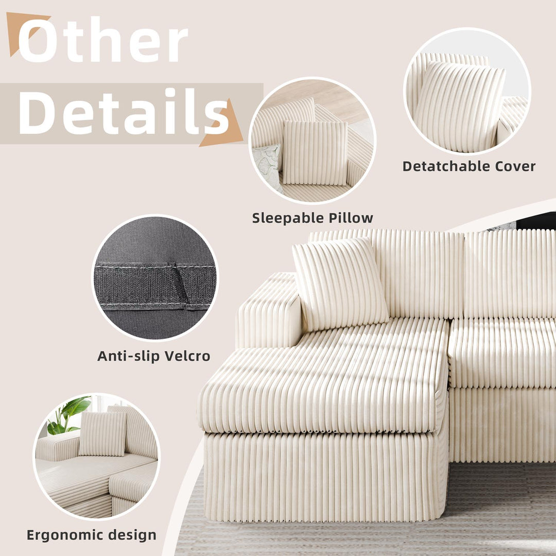 Walsunny  105" Modular Sectional Sofa, Boneless L Shaped Couch with Deep Seat, Cloud Foam Couch  Plush Cordurory Sofa