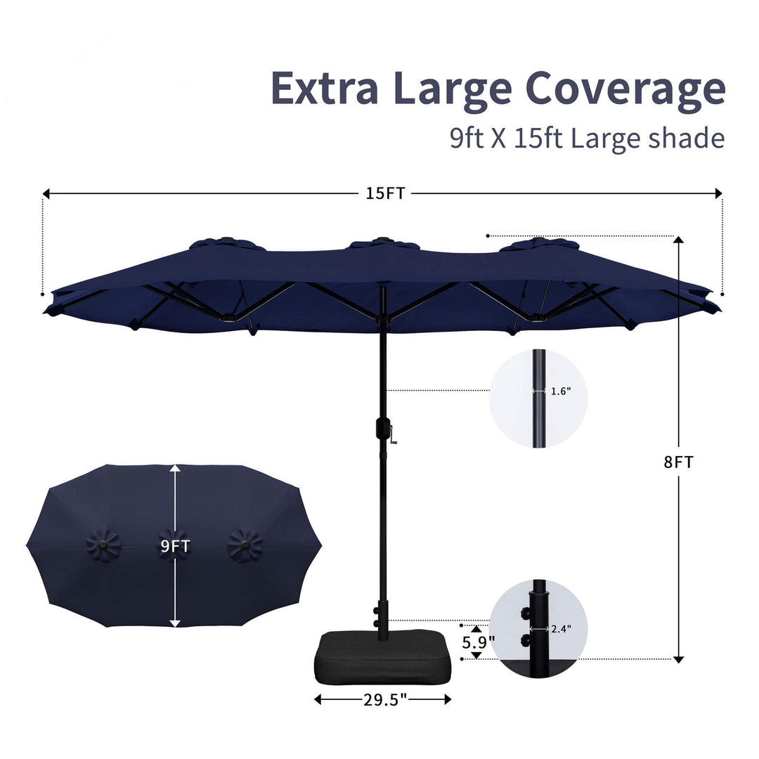 Walsunny 15 ft Extra Large Patio Umbrella with Base, Grey / 9ft x 15ft
