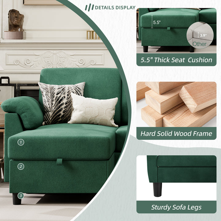 Walsunny 3 Seat L-Shaped Sectional Sofa With Movable Ottoman#color_green