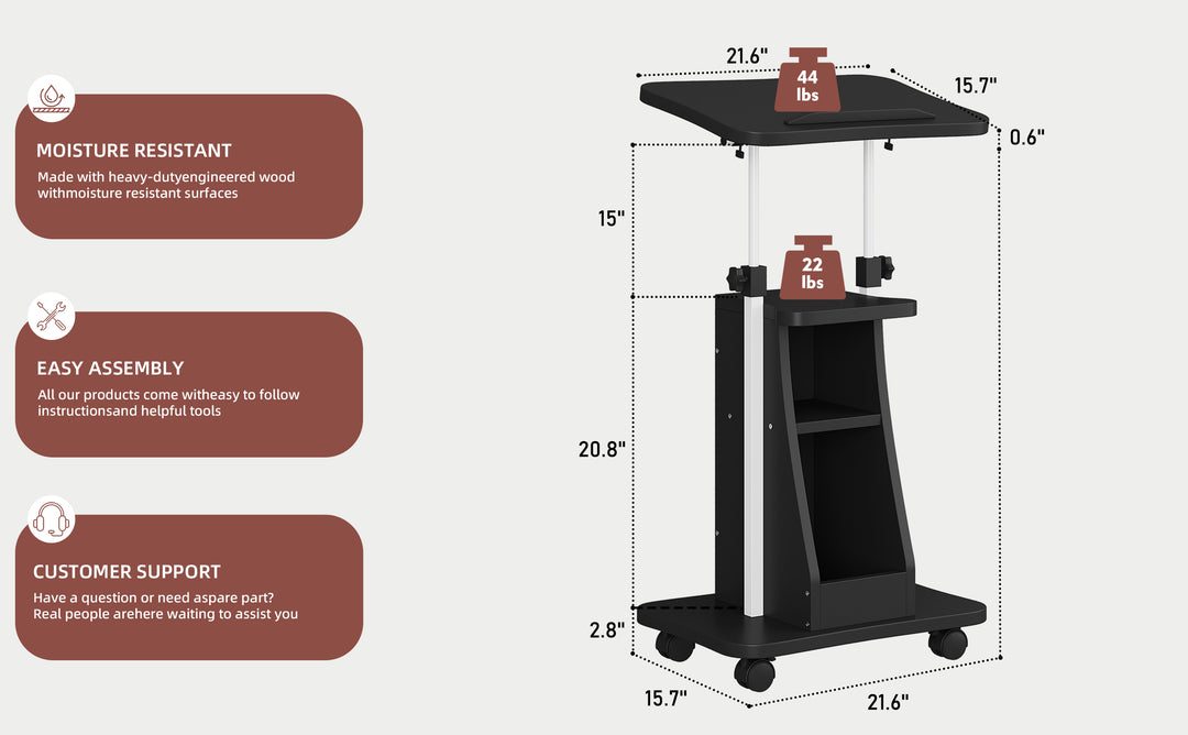 Walsunny Mobile Podium Standing Rolling Laptop Cart w/Tilt Desktop Adjustable Height Portable Computer Desk on Wheels