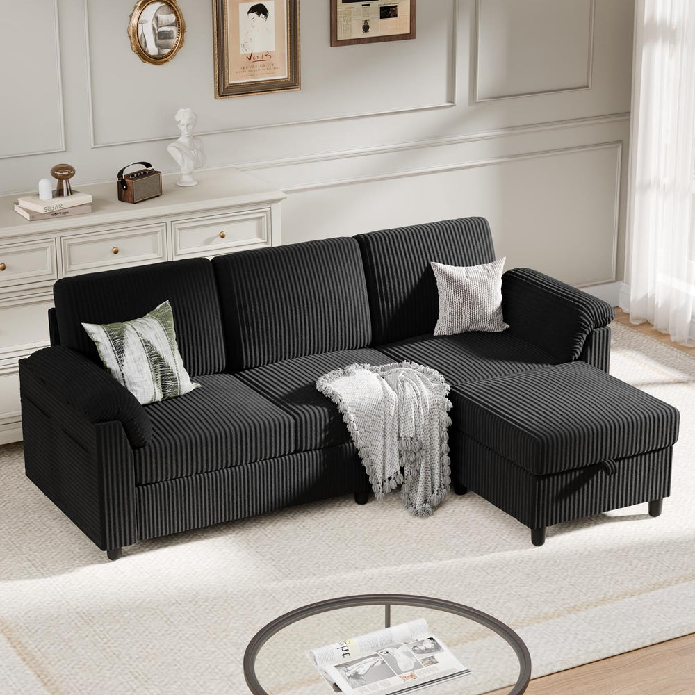 Walsunny 3 Seat L-Shaped Sectional Sofa With Movable Ottoman#color_black