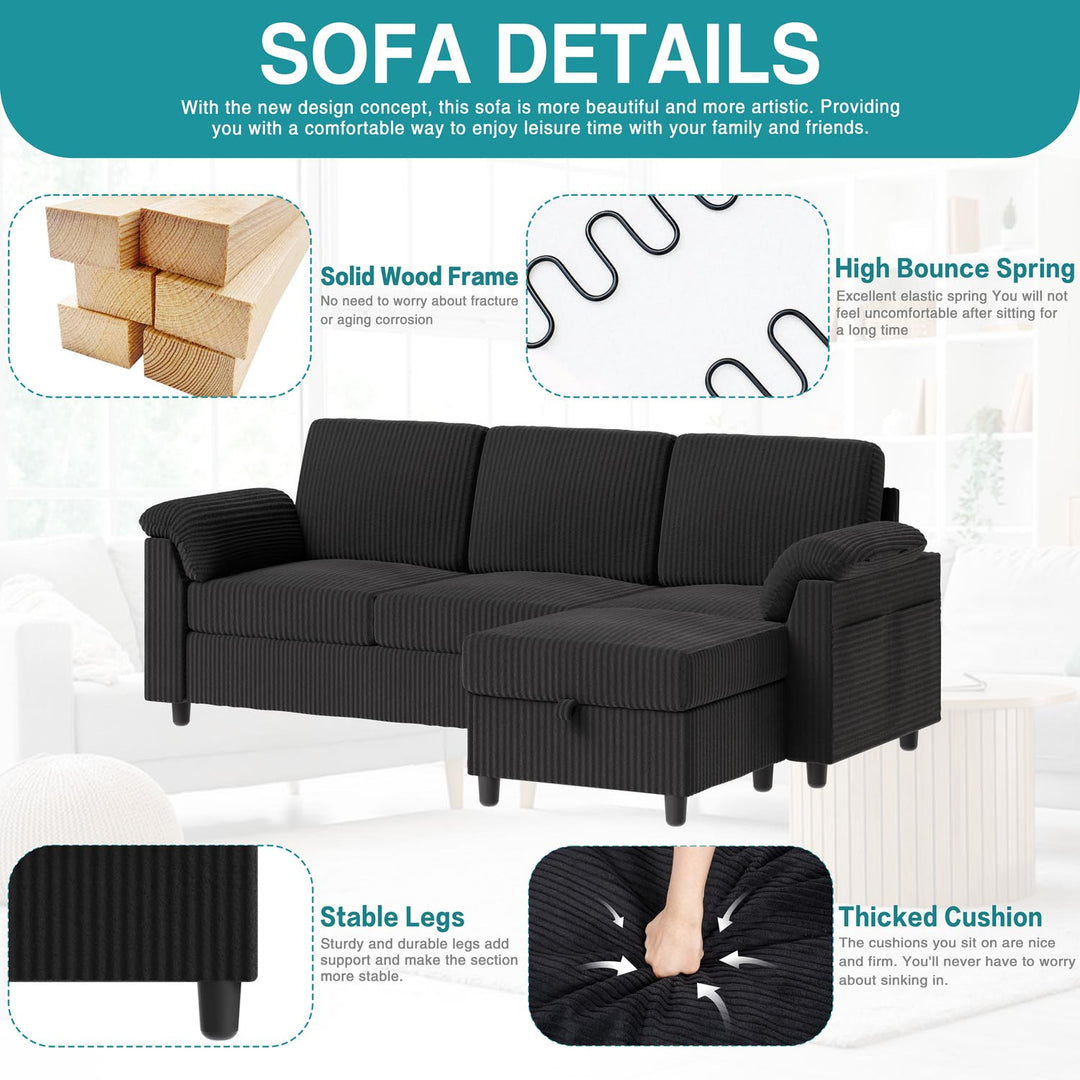 Walsunny 3 Seat L-Shaped Sectional Sofa With Movable Ottoman#color_black