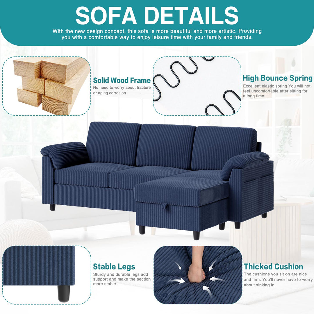 Walsunny 3 Seat L-Shaped Sectional Sofa With Movable Ottoman#color_blue
