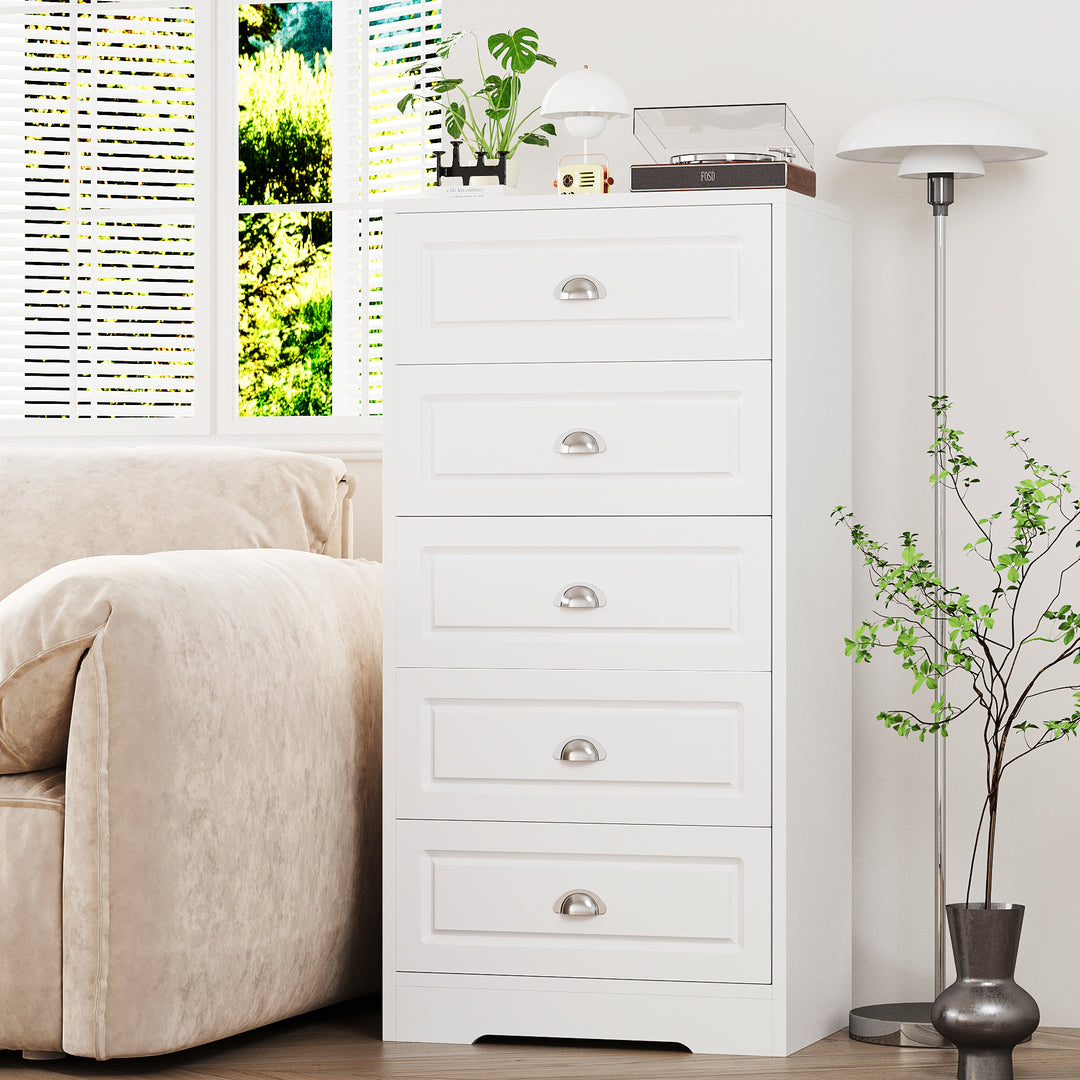 Walsunny 5 Drawer White Vertical Dresser Modern Storage Cabinet with Handle-Drawer Chest Wood Organizer for Living Room