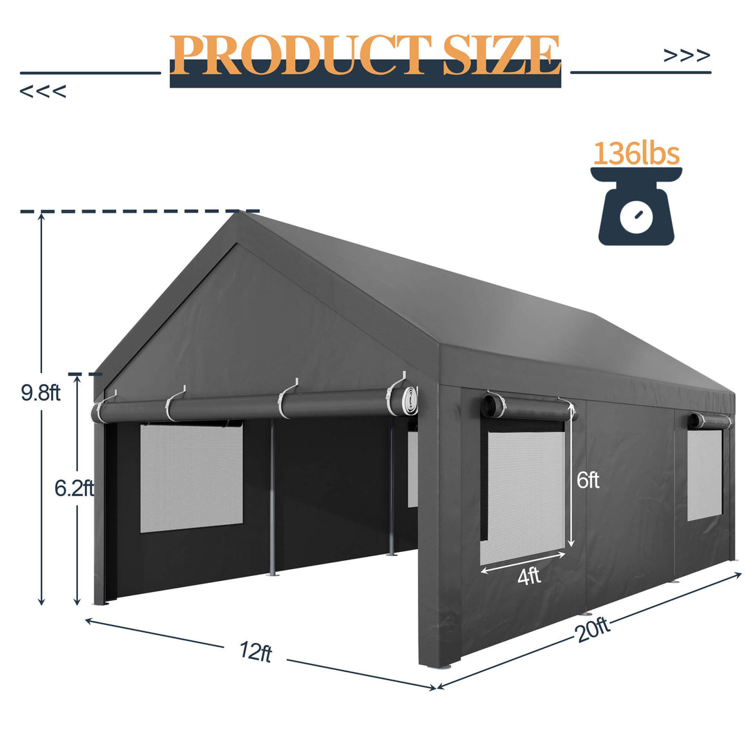 Walsunny Carport, 12x20 ft Heavy Duty Carport Canopy with Roll-up Windows