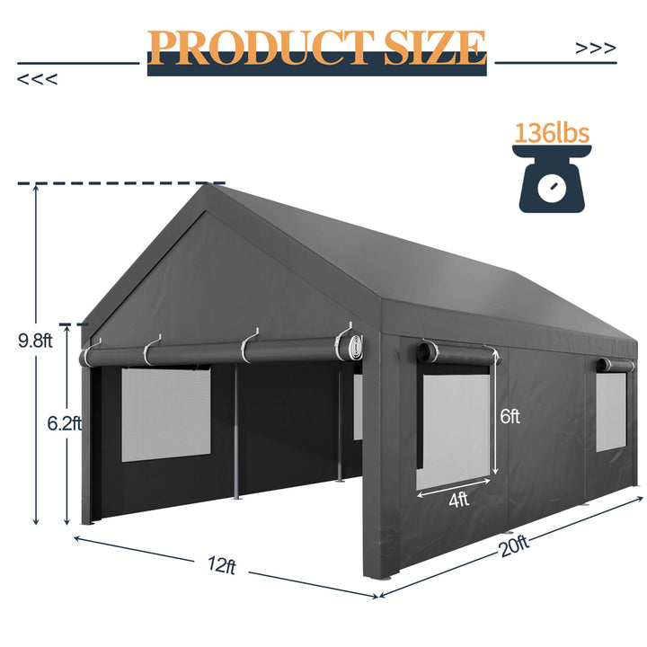Walsunny Carport, 12x20 ft Heavy Duty Carport Canopy with Roll-up Windows