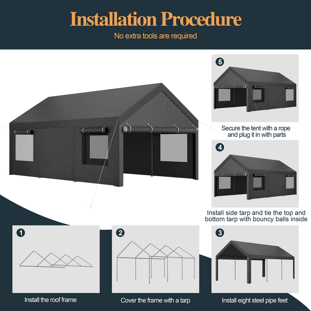Walsunny Carport, 12x20 ft Heavy Duty Carport Canopy with Roll-up Windows