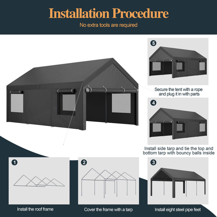 Walsunny Carport, 12x20 ft Heavy Duty Carport Canopy with Roll-up Windows