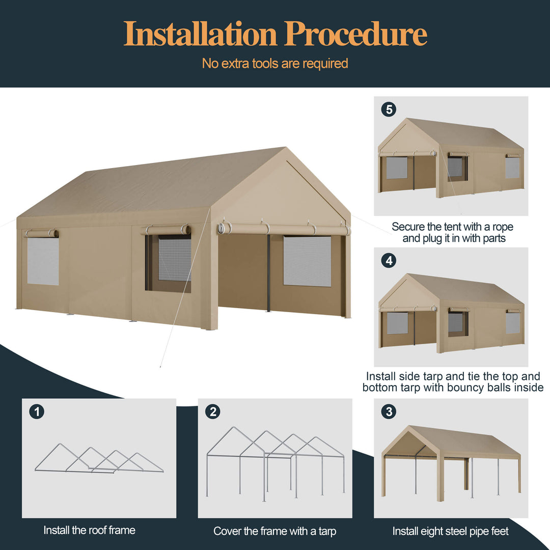 Walsunny Carport, 12x20 ft Heavy Duty Carport Canopy with Roll-up Windows
