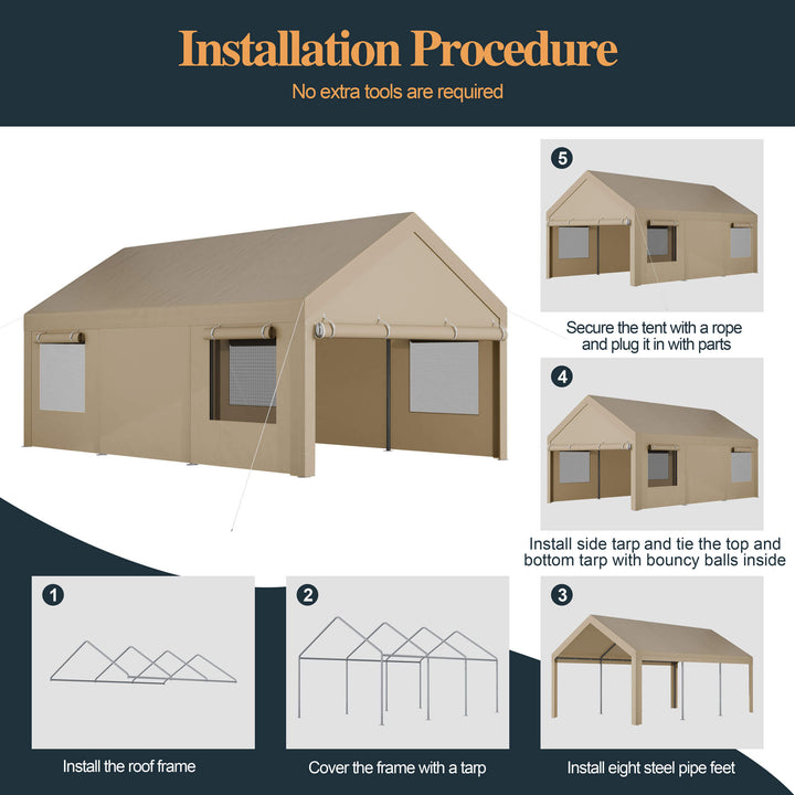 Walsunny Carport, 12x20 ft Heavy Duty Carport Canopy with Roll-up Windows