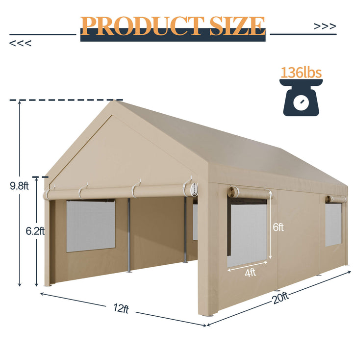 Walsunny Carport, 12x20 ft Heavy Duty Carport Canopy with Roll-up Windows