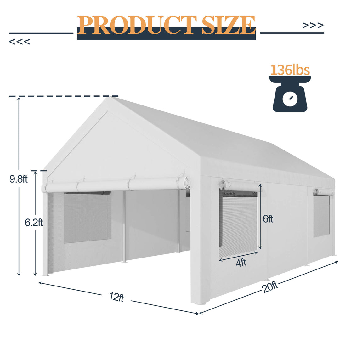 Walsunny Carport, 12x20 ft Heavy Duty Carport Canopy with Roll-up Windows