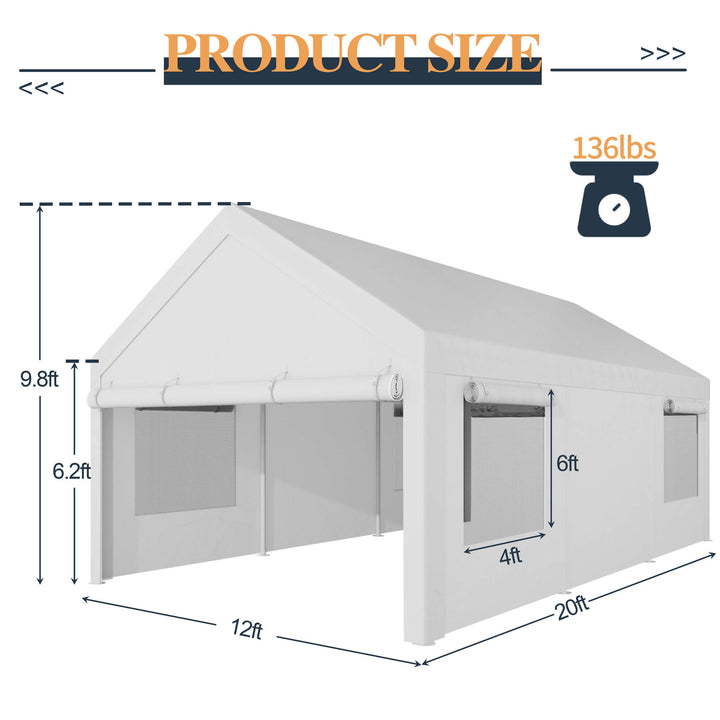 Walsunny Carport, 12x20 ft Heavy Duty Carport Canopy with Roll-up Windows
