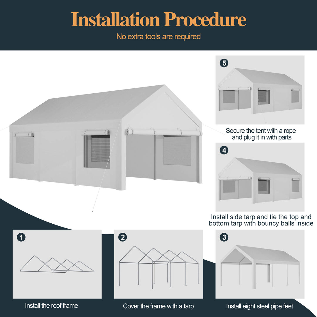 Walsunny Carport, 12x20 ft Heavy Duty Carport Canopy with Roll-up Windows