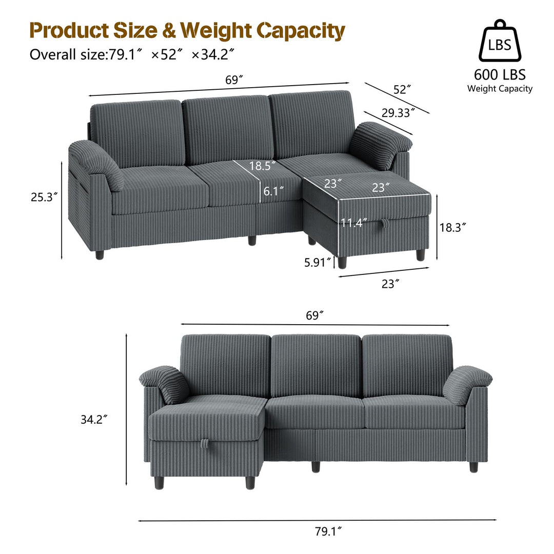 Walsunny 3 Seat L-Shaped Sectional Sofa With Movable Ottoman#color_dark-grey